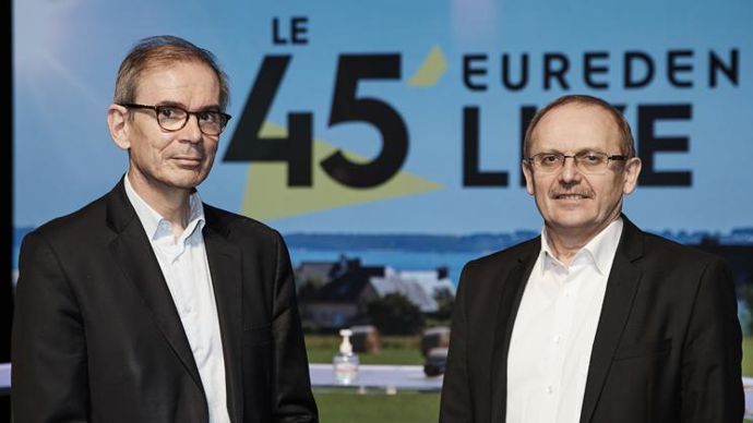 La nouvelle gouvernance a été présentée lors d’un évènement 100 % digital, le 45’Eureden Live. Serge Le Bartz, à droite, a été élu président d’Eureden. Il a nommé Alain Perrin à la fonction de directeur général.